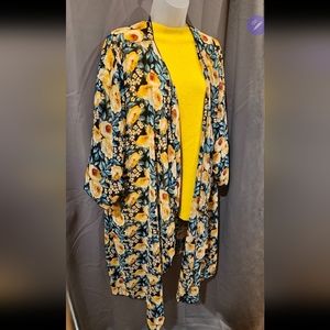 Lula Roe Shirley Floral Yellow Roses Blue Chiffon Overlay Kimono Swim Cover XL